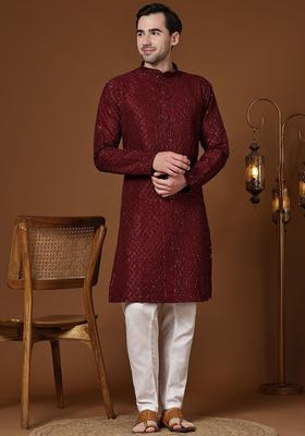 Maroon Embroidered Cotton Kurta Set For Men