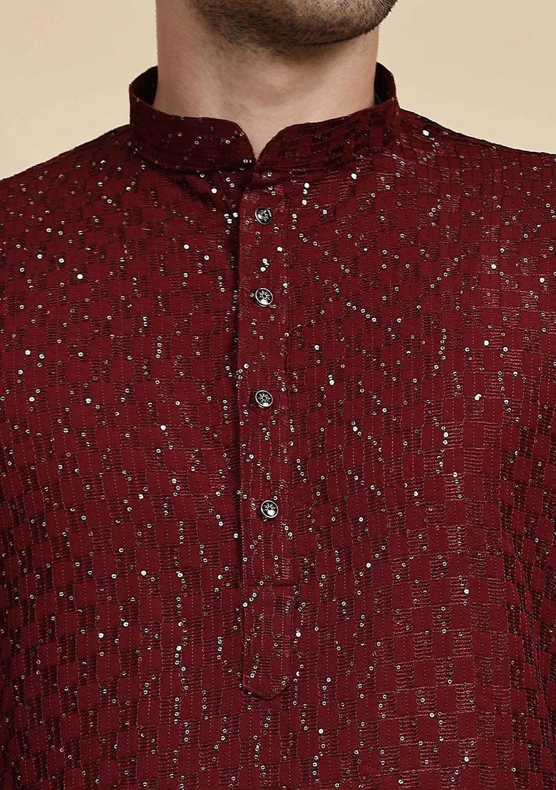 Maroon Embroidered Cotton Kurta Set For Men - Indya