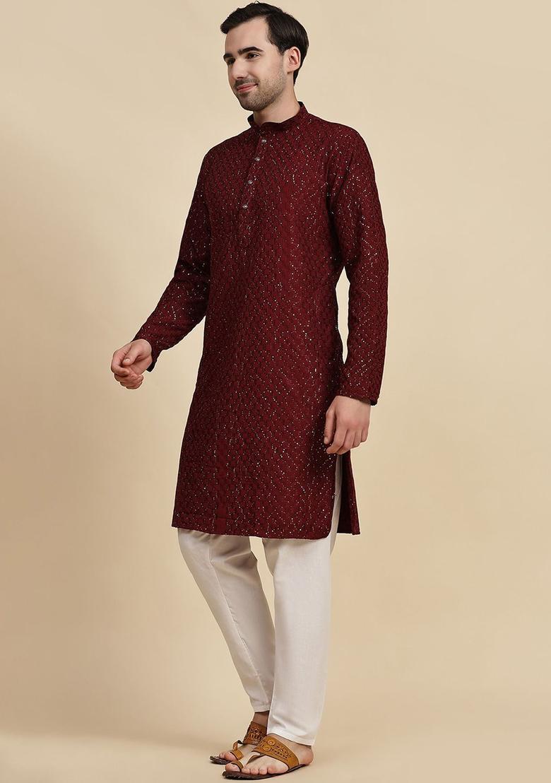 Maroon Embroidered Cotton Kurta Set For Men - Indya