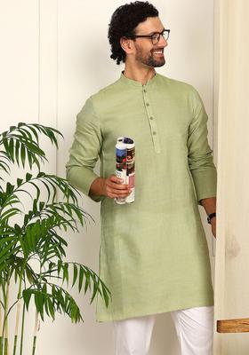 Lime Green Striped Cotton Kurta Set For Men