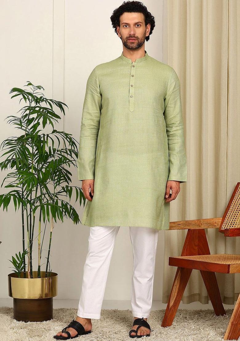 Lime Green Striped Cotton Kurta Set For Men - Indya