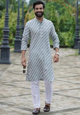 Grey Embroidered Cotton Kurta Set For Men