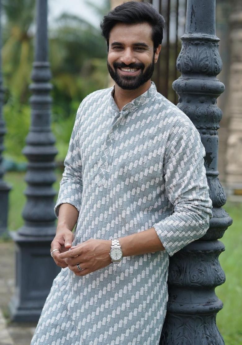 Grey Embroidered Cotton Kurta Set For Men - Indya