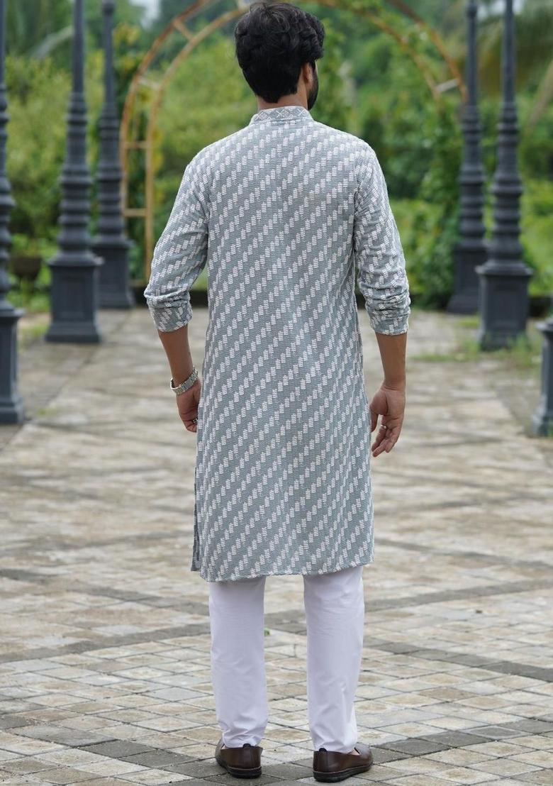 Grey Embroidered Cotton Kurta Set For Men - Indya