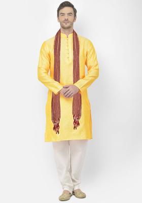 Yellow Woven Design Silk Kurta Set For Men