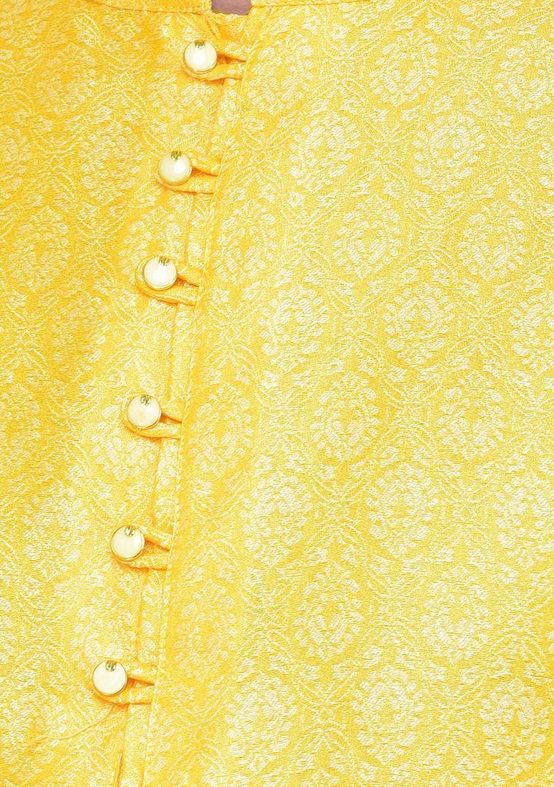 Yellow Woven Design Silk Kurta Set For Men - Indya