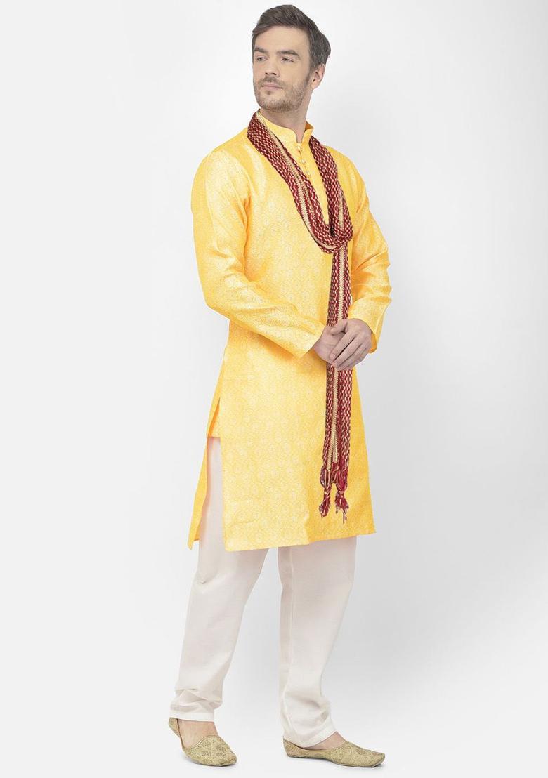Yellow Woven Design Silk Kurta Set For Men - Indya