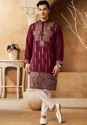 Maroon Embroidered Cotton Kurta Set For Men
