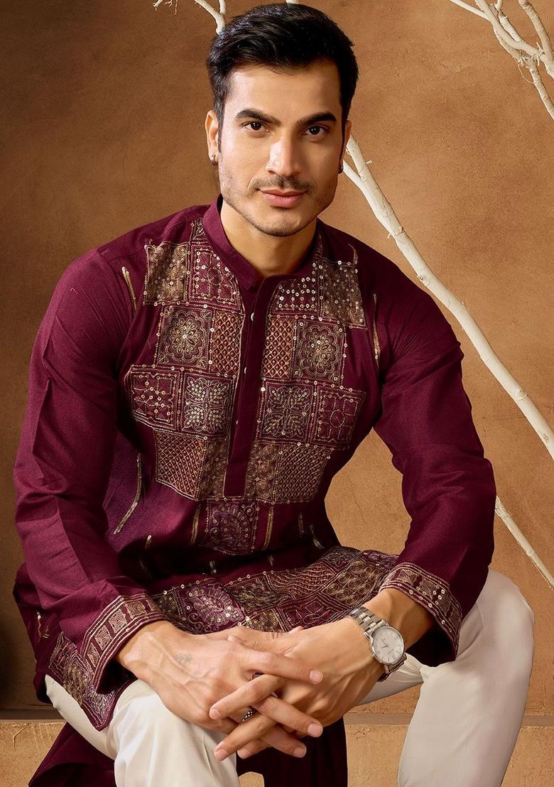 Maroon Embroidered Cotton Kurta Set For Men - Indya