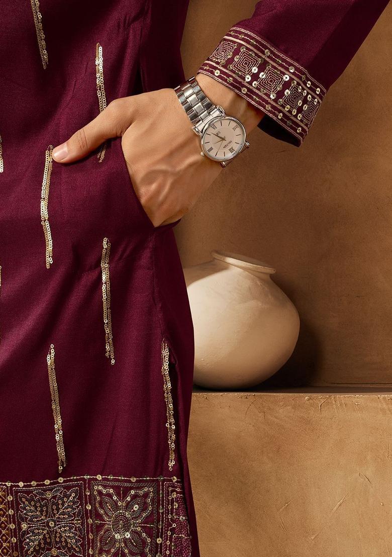 Maroon Embroidered Cotton Kurta Set For Men - Indya