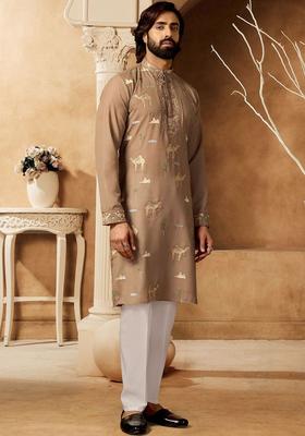 Brown Embroidered Cotton Kurta Set For Men