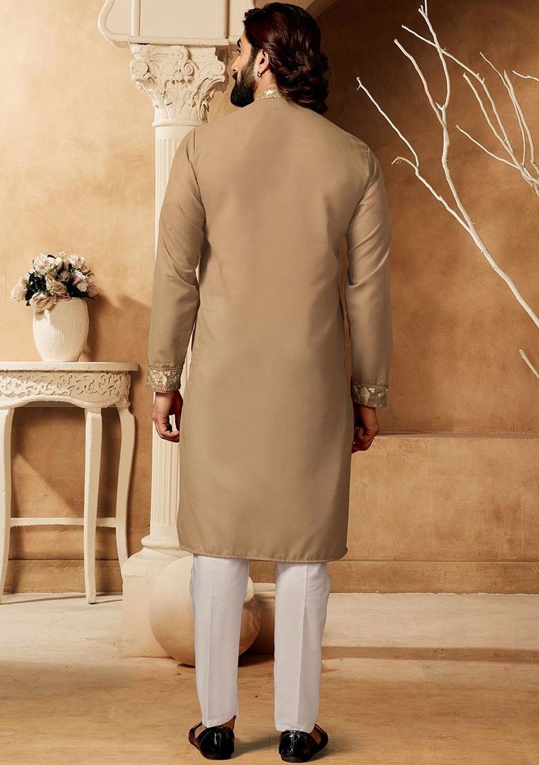 Brown Embroidered Cotton Kurta Set For Men - Indya