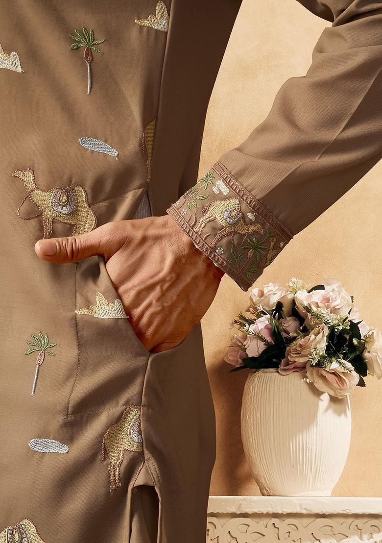 Brown Embroidered Cotton Kurta Set For Men - Indya