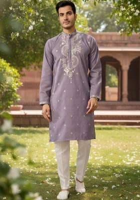 Lavender Embroidered Cotton Kurta Set For Men