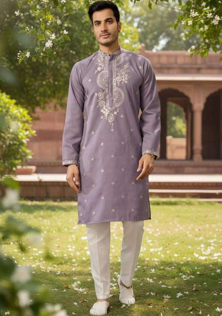 Lavender Embroidered Cotton Kurta Set For Men - Indya