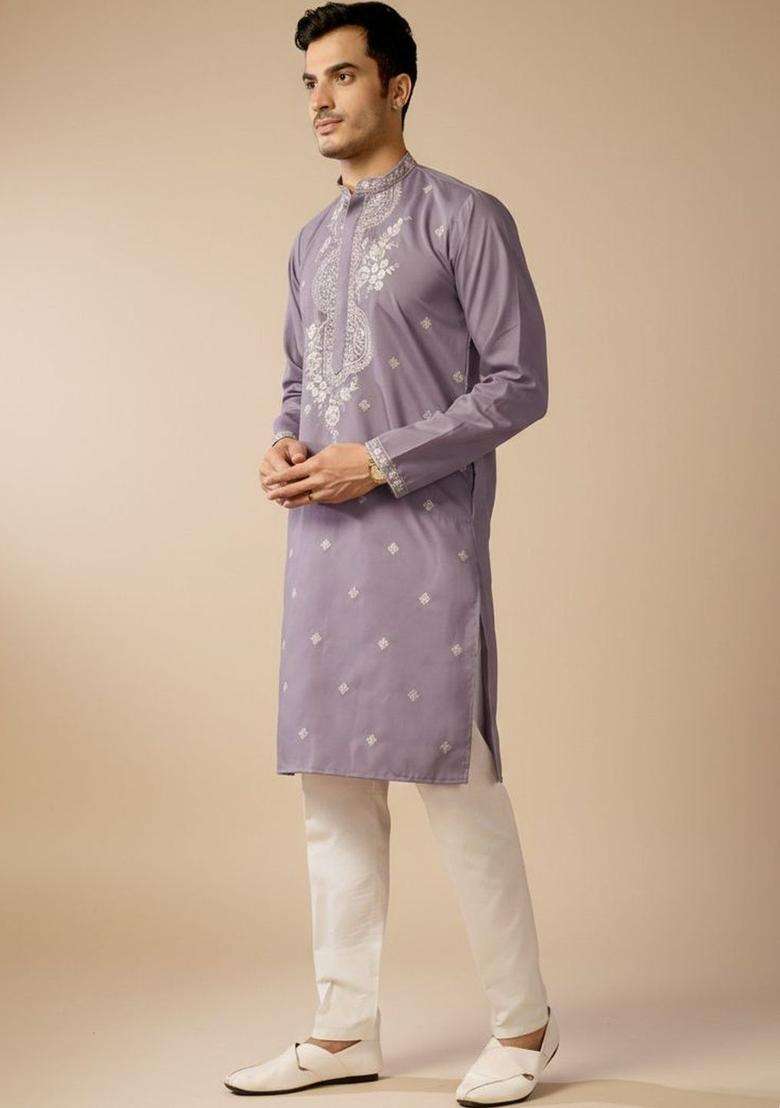 Lavender Embroidered Cotton Kurta Set For Men - Indya