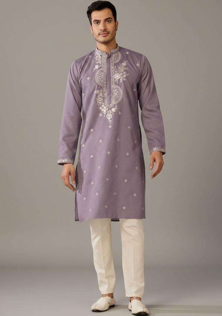 Lavender Embroidered Cotton Kurta Set For Men - Indya
