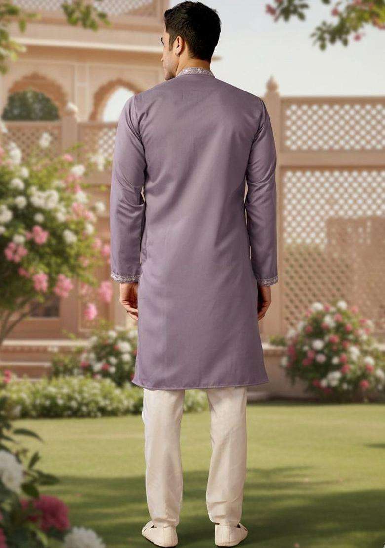 Lavender Embroidered Cotton Kurta Set For Men - Indya