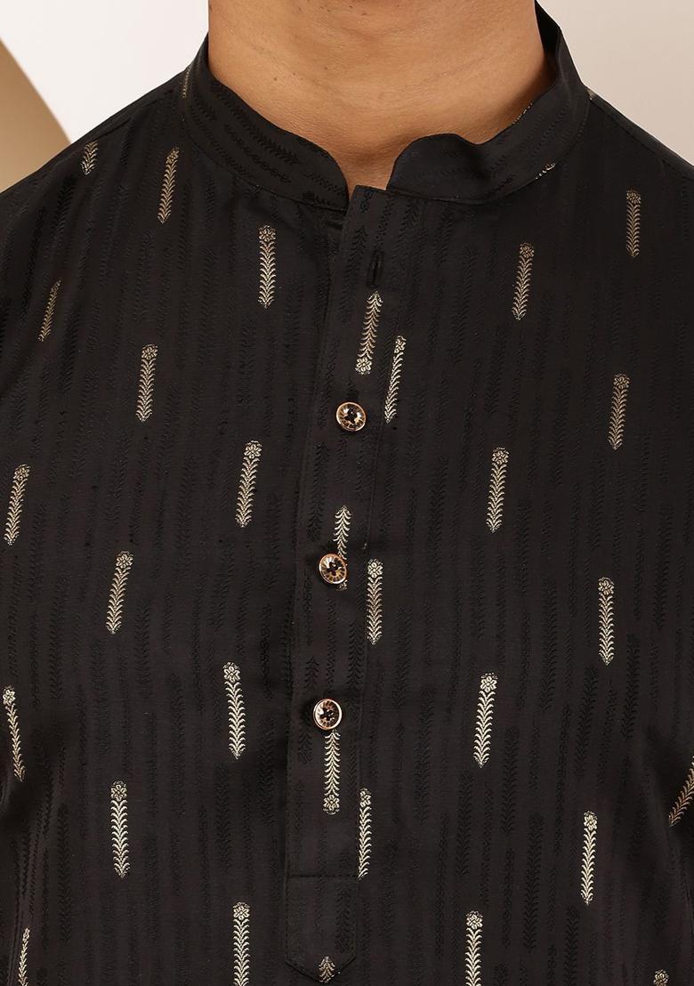 Black Printed Viscose Kurta Set For Men - Indya