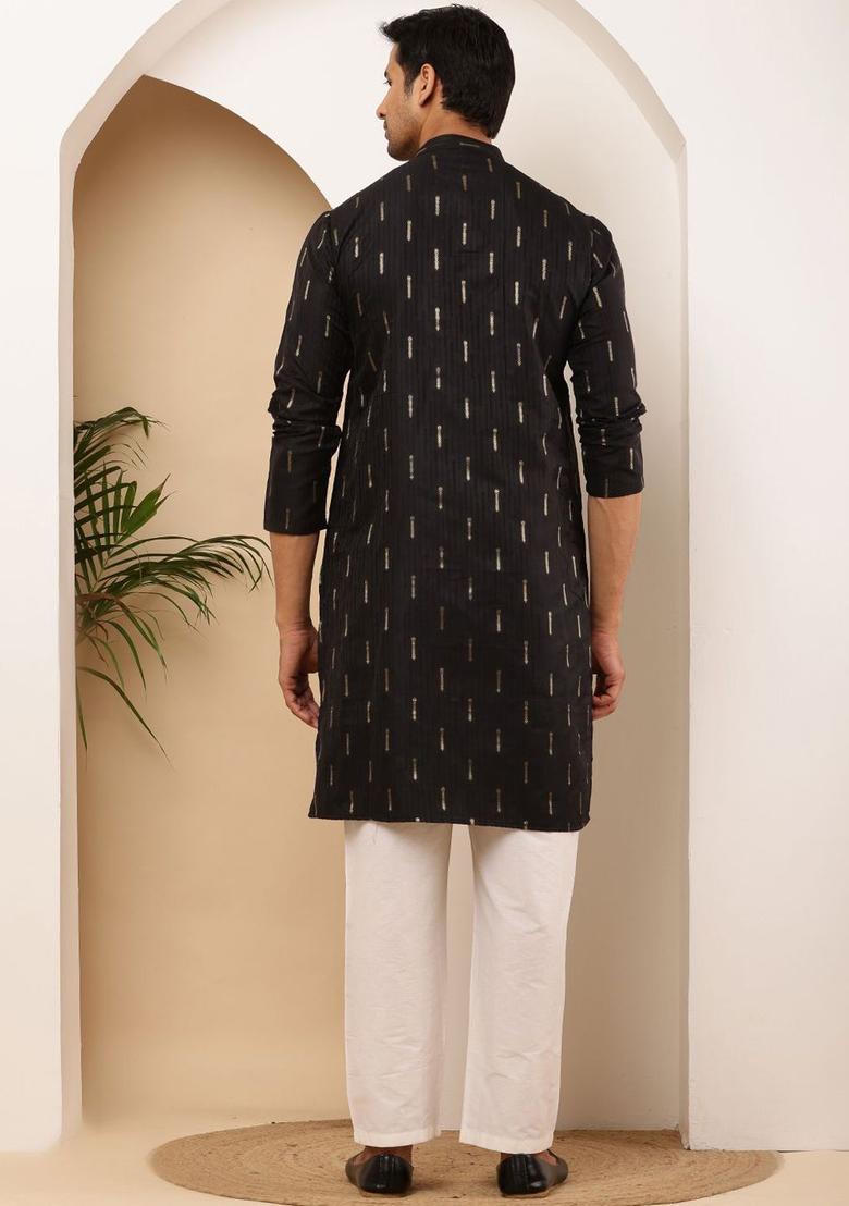 Black Printed Viscose Kurta Set For Men - Indya