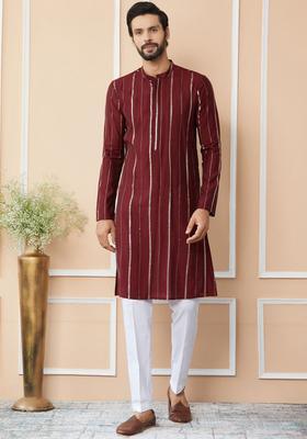 Maroon Striped Cotton Kurta Set For Men