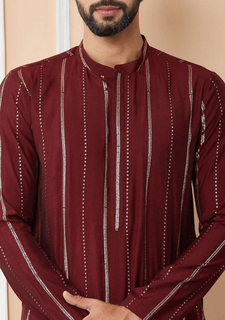 Maroon Striped Cotton Kurta Set For Men - Indya