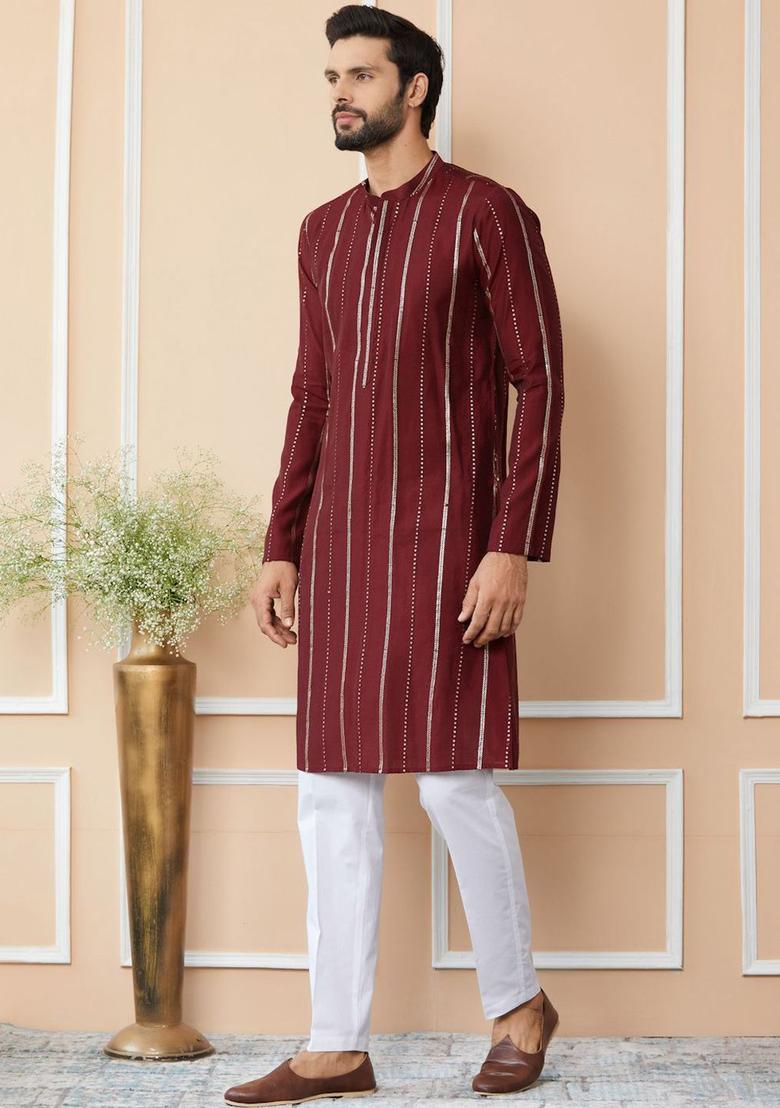 Maroon Striped Cotton Kurta Set For Men - Indya