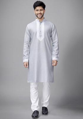 Grey Embroidered Cotton Kurta Set For Men