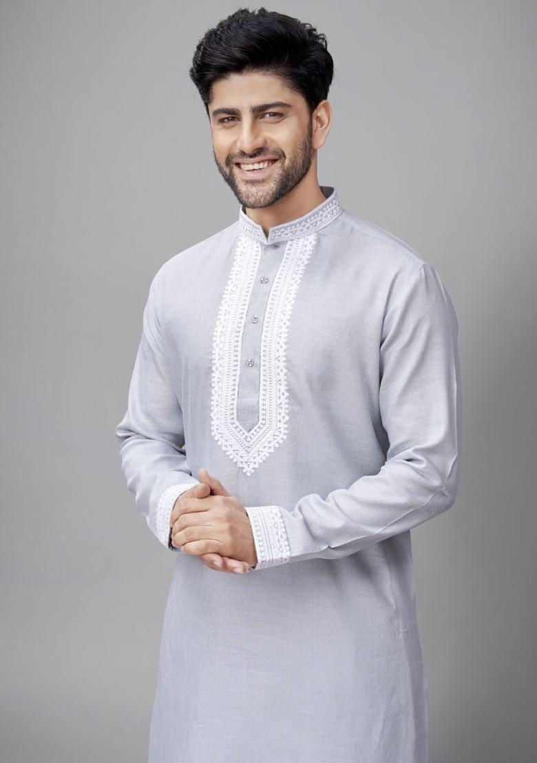 Grey Embroidered Cotton Kurta Set For Men - Indya