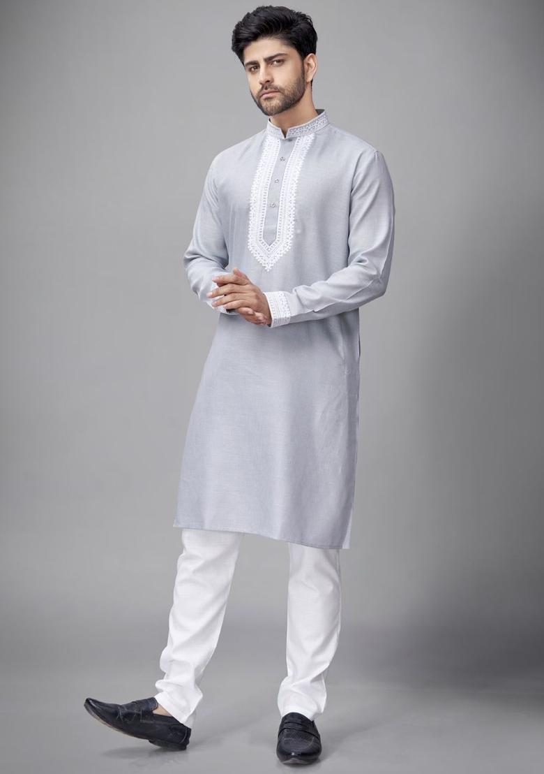 Grey Embroidered Cotton Kurta Set For Men - Indya