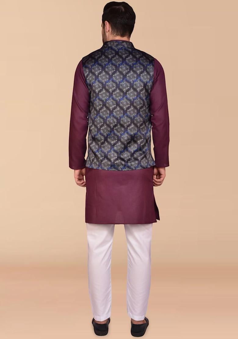 Purple Solid Cotton Kurta Set For Men - Indya
