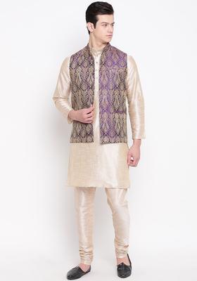 Beige Solid Silk Kurta Set For Men