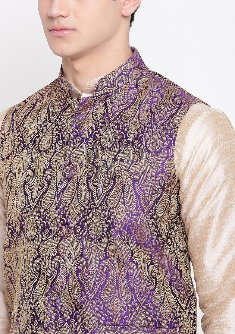 Beige Solid Silk Kurta Set For Men - Indya