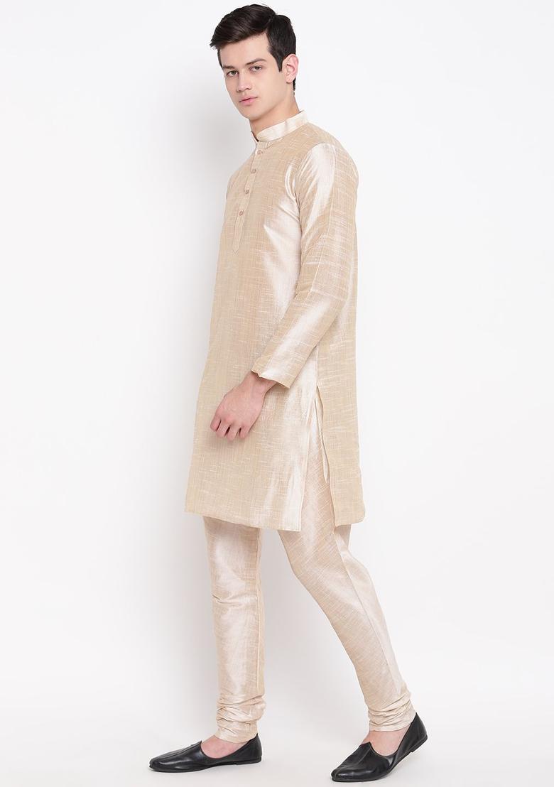 Beige Solid Silk Kurta Set For Men - Indya