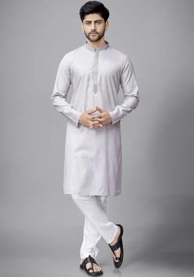 Grey Self Design Silk Blend Kurta Set For Men