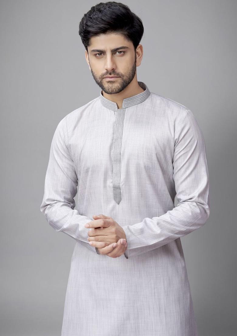 Grey Self Design Silk Kurta Set For Men - Indya