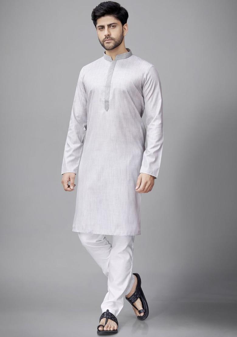 Grey Self Design Silk Kurta Set For Men - Indya