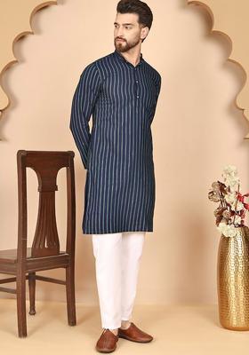 Navy Blue Striped Cotton Kurta Set For Men