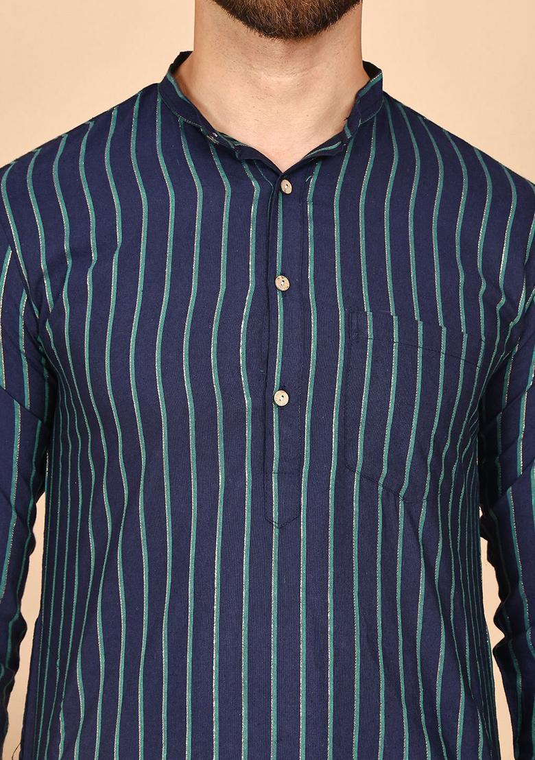 Navy Blue Striped Cotton Kurta Set For Men - Indya