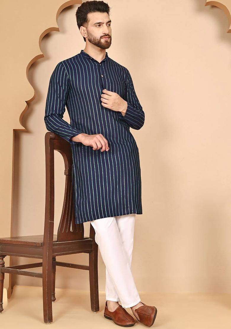 Navy Blue Striped Cotton Kurta Set For Men - Indya
