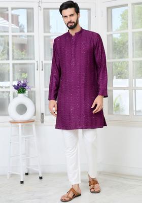 Purple Embroidered Silk Kurta Set For Men