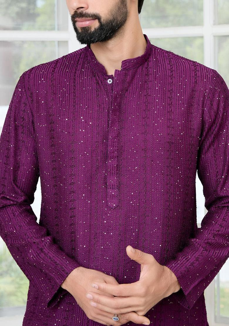 Purple Embroidered Silk Kurta Set For Men - Indya