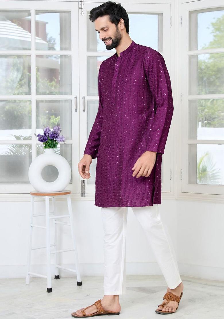 Purple Embroidered Silk Kurta Set For Men - Indya