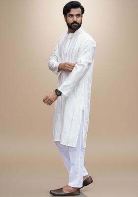 Off White Woven Design Cotton Kurta Set For Men