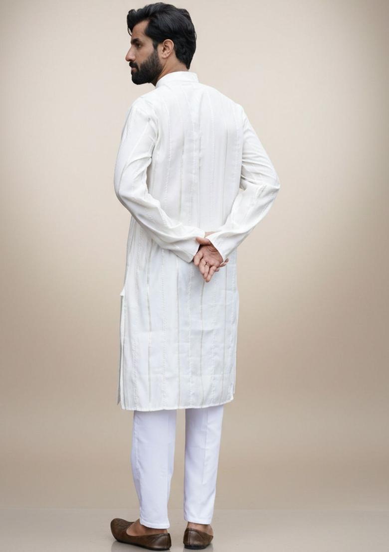 Off White Woven Design Cotton Kurta Set For Men - Indya