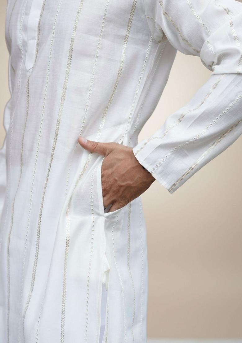 Off White Woven Design Cotton Kurta Set For Men - Indya