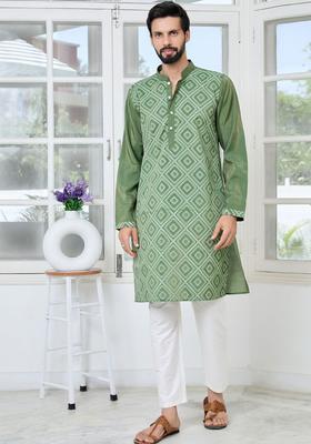 Green Woven Design Cotton Kurta Set For Men