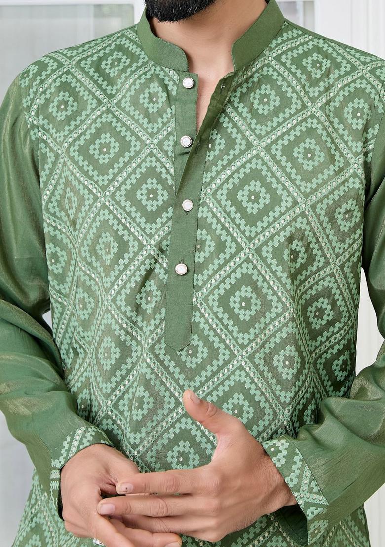 Green Woven Design Cotton Kurta Set For Men - Indya