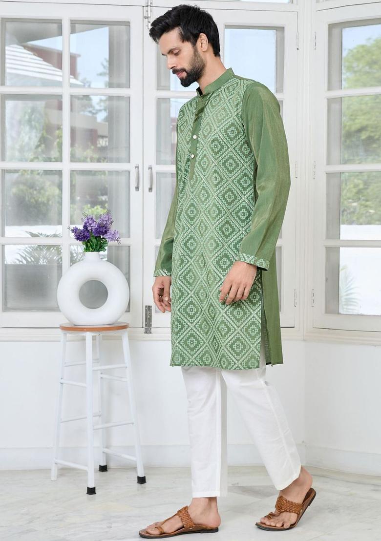 Green Woven Design Cotton Kurta Set For Men - Indya