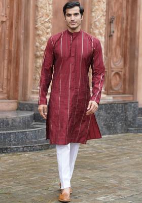 Maroon Striped Cotton Kurta Set For Men